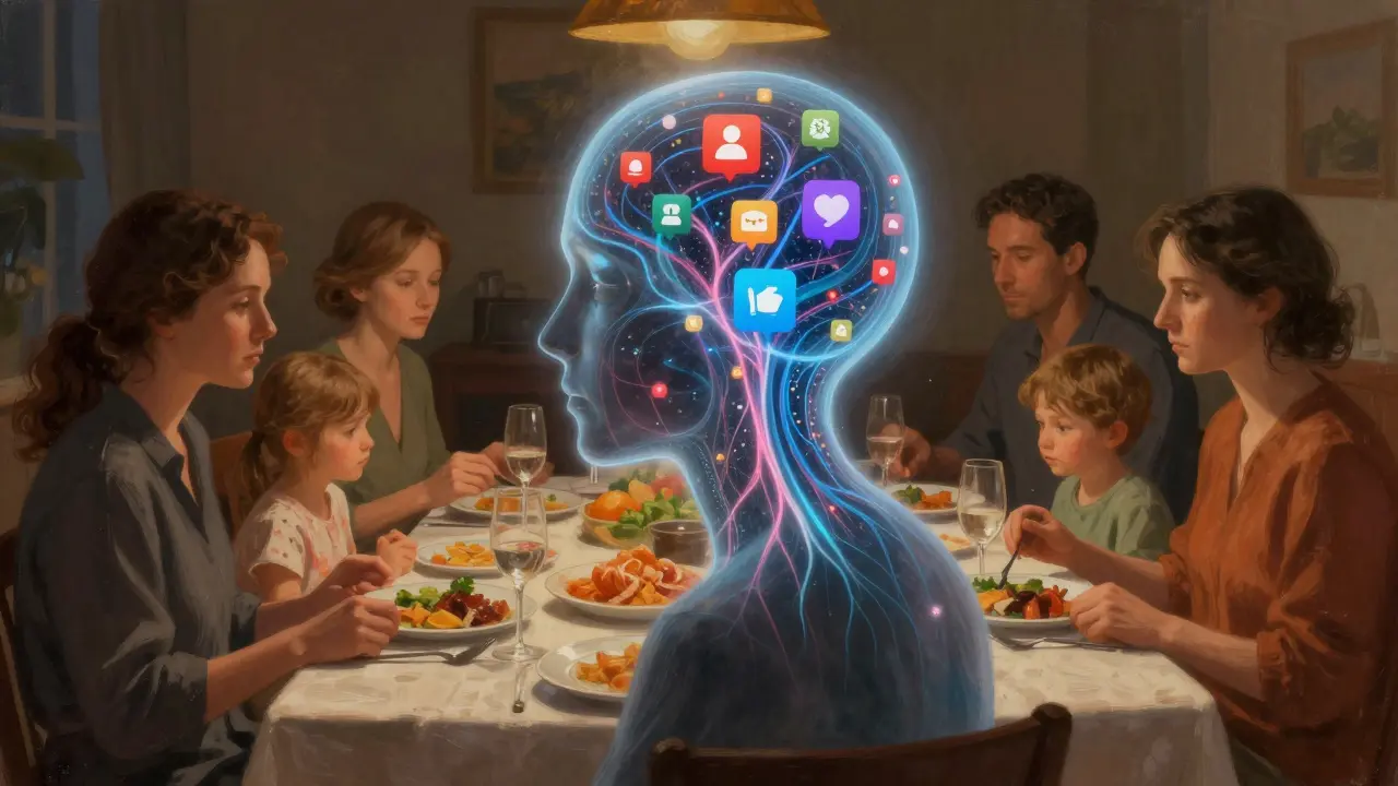 Člověk u večeře s rodinou, jeho hlava obsahuje digitální proudy namísto myšlenek.
