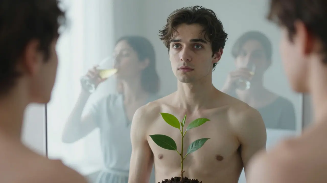 Člověk v zrcadle po 90 dnech bez alkoholu, jeho odraz ukazuje zdravější vzhled a rozpouštějící se minulé návyky.