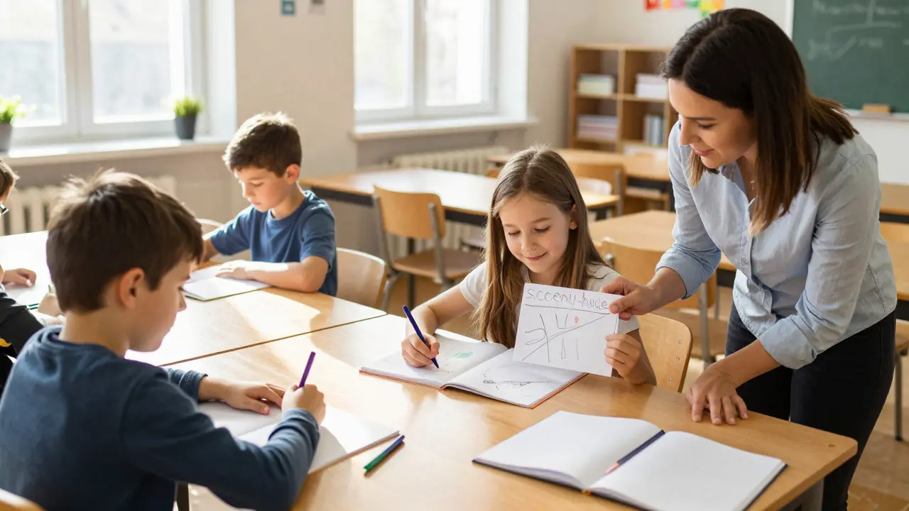 Děti v české škole kreslí a píší během hodiny bez obrazovek.