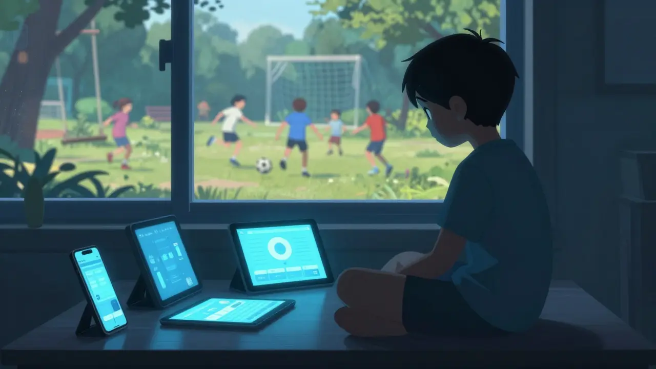 Dítě osamělé v temné místnosti před modrým světlem obrazovek, venku hrají ostatní děti.