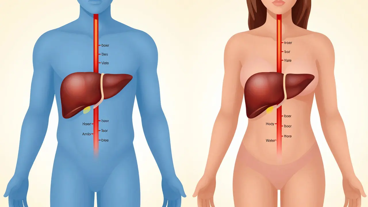 Dva lidé různého pohlaví s viditelnými rozdíly v zpracování alkoholu v játrech a tělesné vodě.