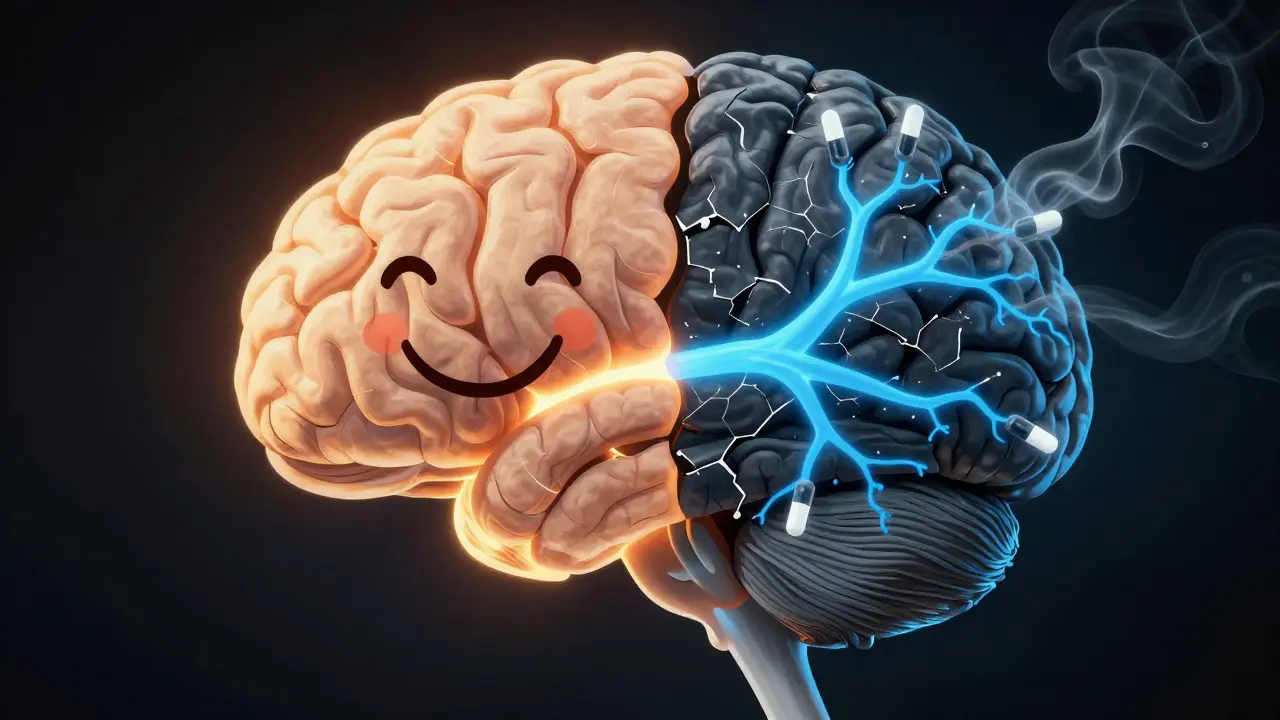 Dva protiklady mozku: jedna strana teplá a živá, druhá temná a poškozená drogami.