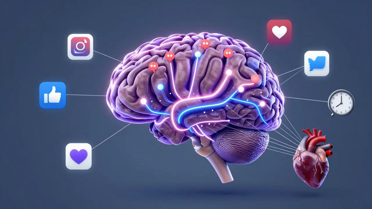 Ilustrace lidského mozku s aktivními dopaminovými cestami, které reagují na notifikace sociálních sítí.