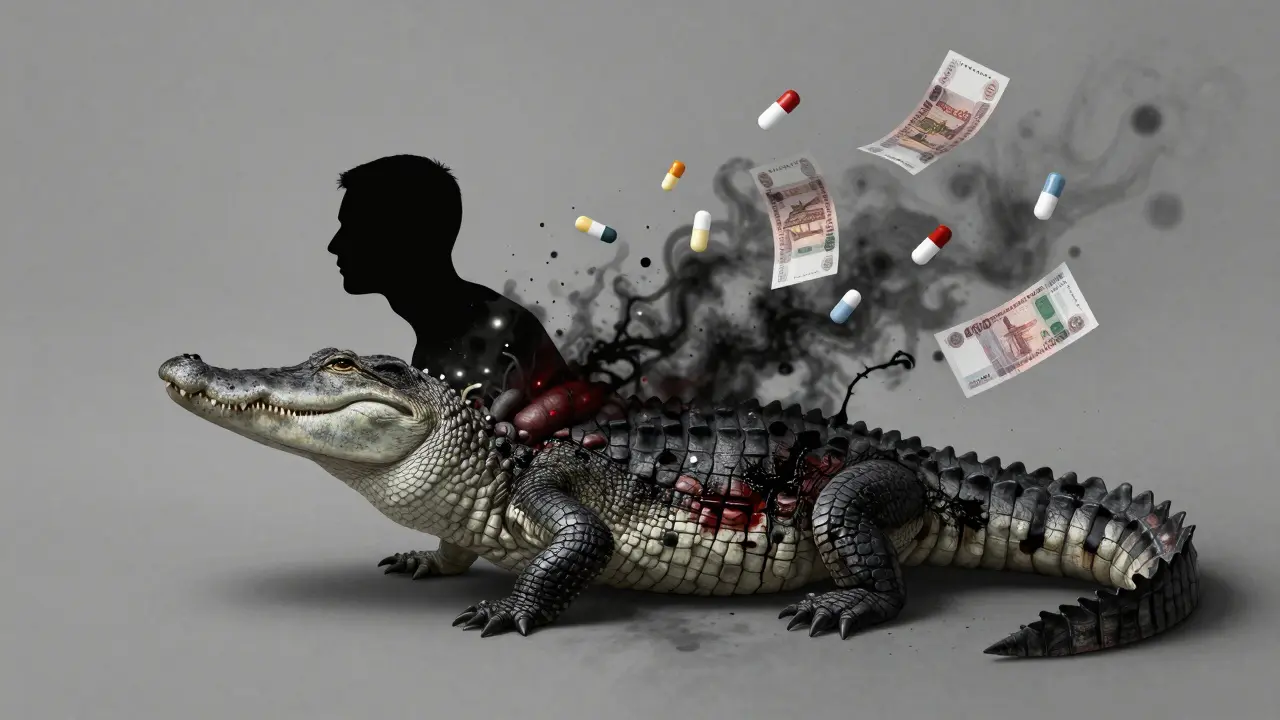 Lidský tvar se mění v krokodýlí stvoření, tělo se rozpadá a vnitřní orgány zanikají.