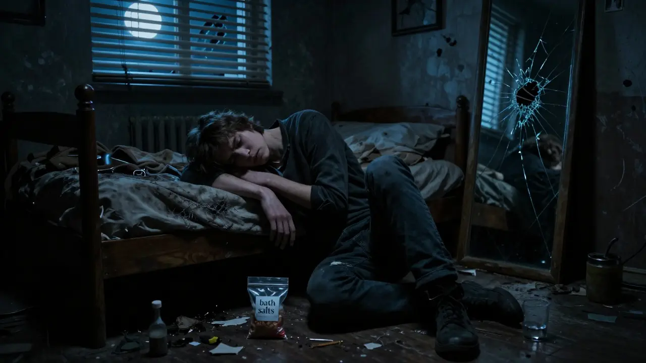 Muž sedí na špinavém posteli, ztracený a třesoucí se, v temné místnosti.