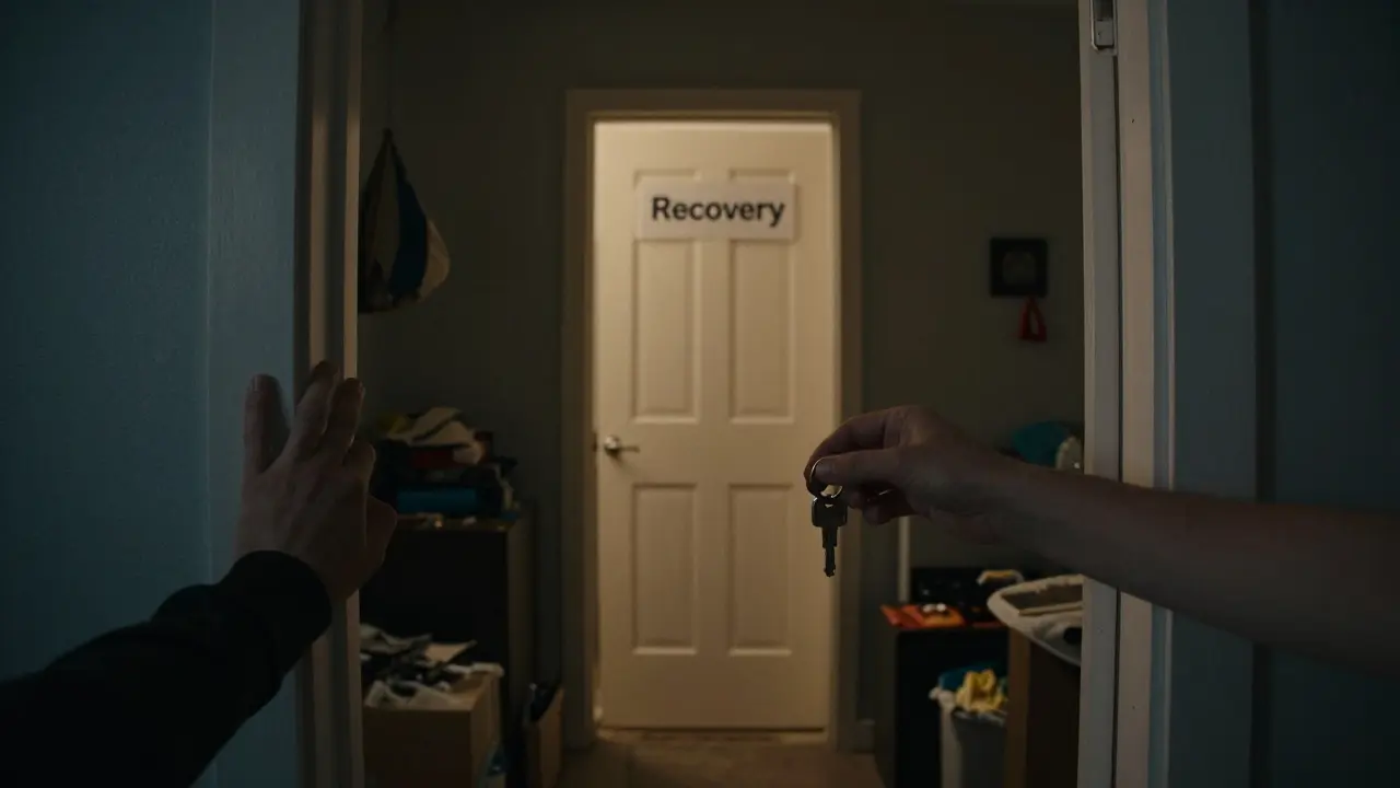 Muž stojí na prahu mezi chaosem a cestou k uzdravení.