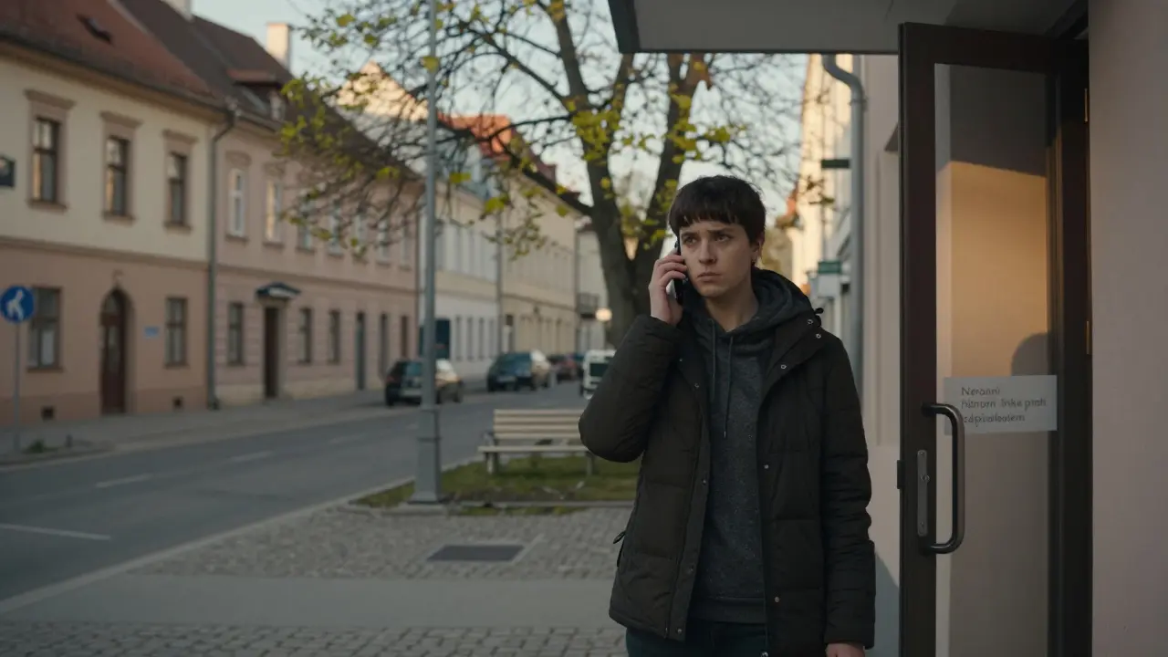 Muž stojí před centrem pro léčbu závislostí v Brně, hovoří po telefonu, za ním ranní světlo a stromy.