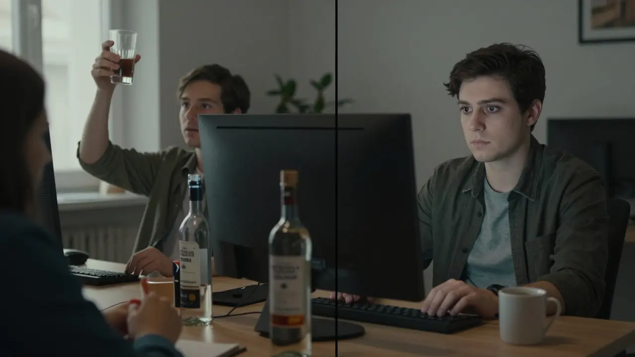 Muž v kanceláři ráno s ukrytou láhví vodky pod stolem, tvář unavená, za ním stín z minulého večírku.