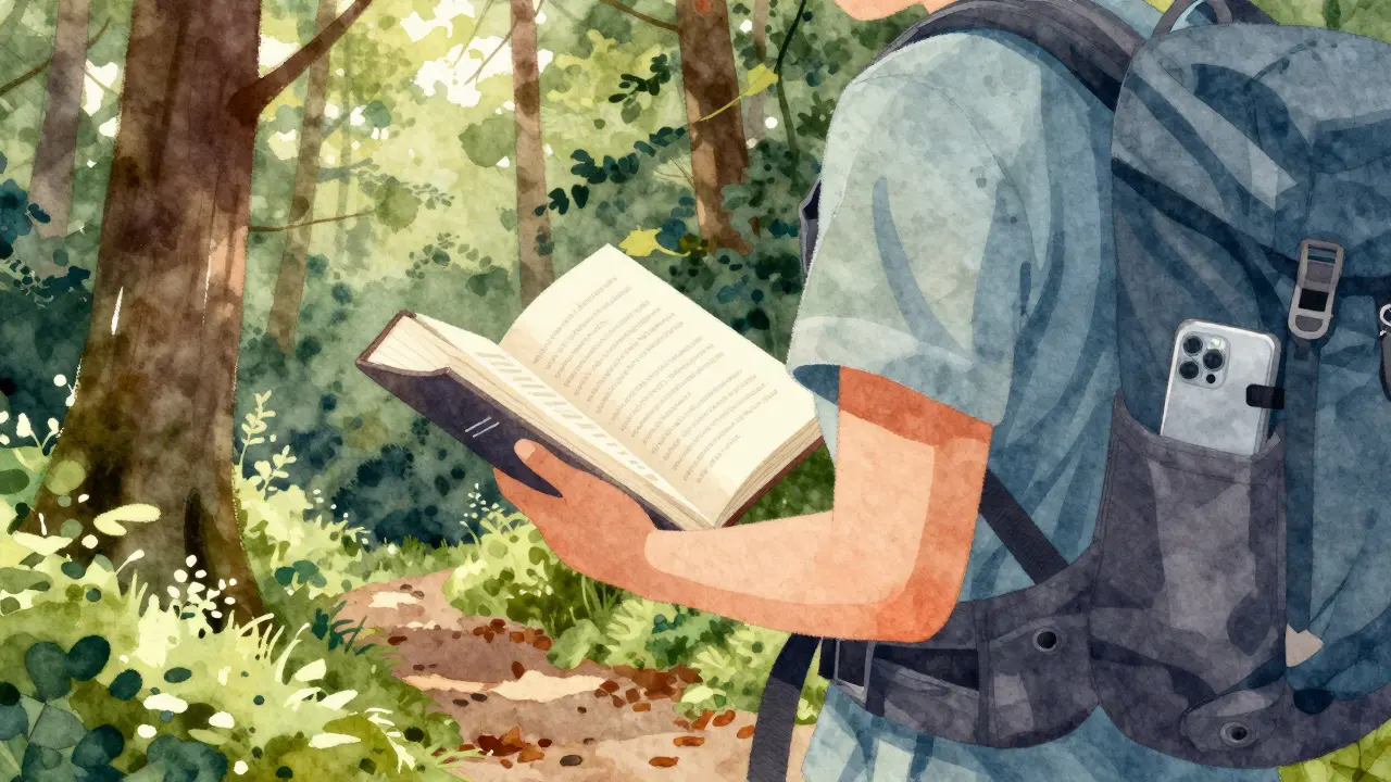 Osoba čte knihu v českém lese, telefon v kapsě, klidná příroda.