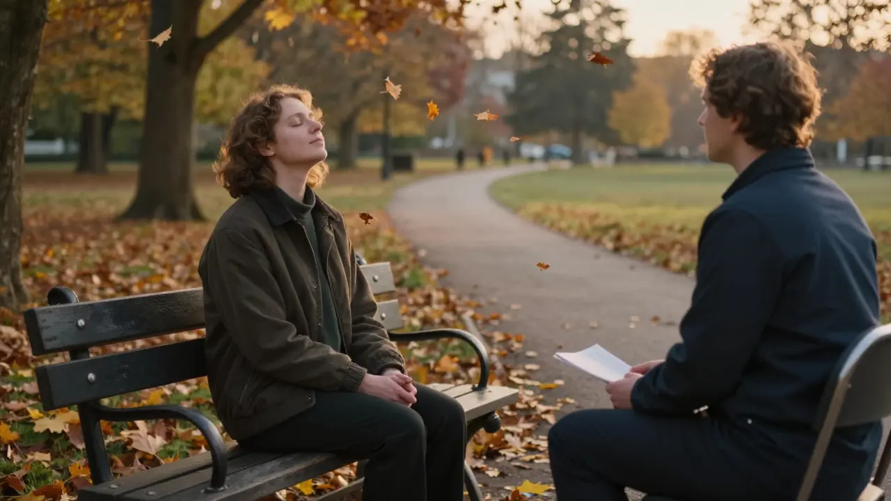 Osoba dýchá hluboce na lavičce v parku na ranním světle, terapeut sedí tichy vedle.