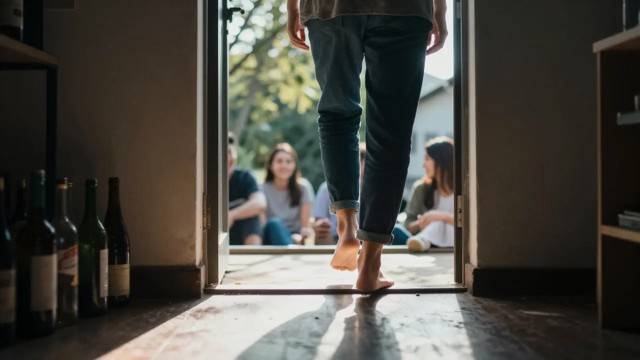 Osoba kročí přes práh mezi temnou místností a jasným slunečním světlem, symbolizující přechod od závislosti k obnově.