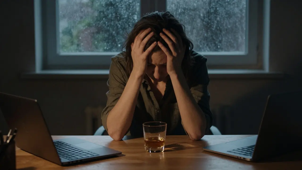 Osoba ve stresu s alkoholem v místnosti s dešťovým oknem