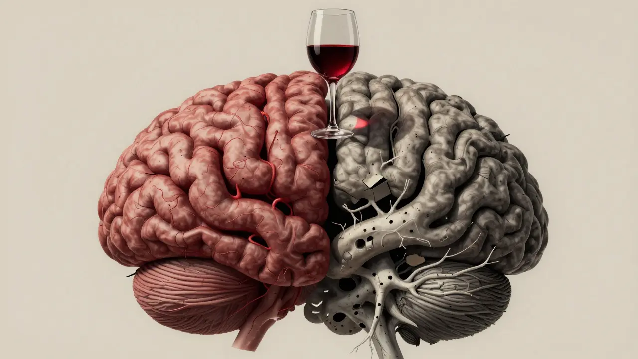 Porovnání zdravého a poškozeného mozku pod vlivem dlouhodobého užívání alkoholu.