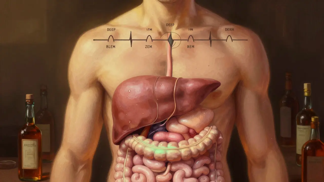 Regenerace jater a střev mezi 7. a 14. dnem bez alkoholu s ukázkou hlubokého spánku.