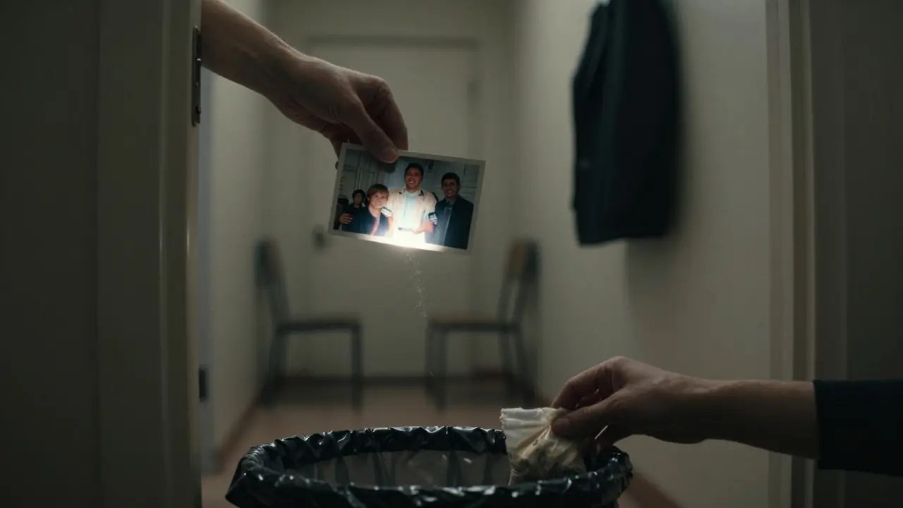 Ruka drží fotku rodiny, zatímco druhá hází drogu do koše – ztráta a vnitřní boj.