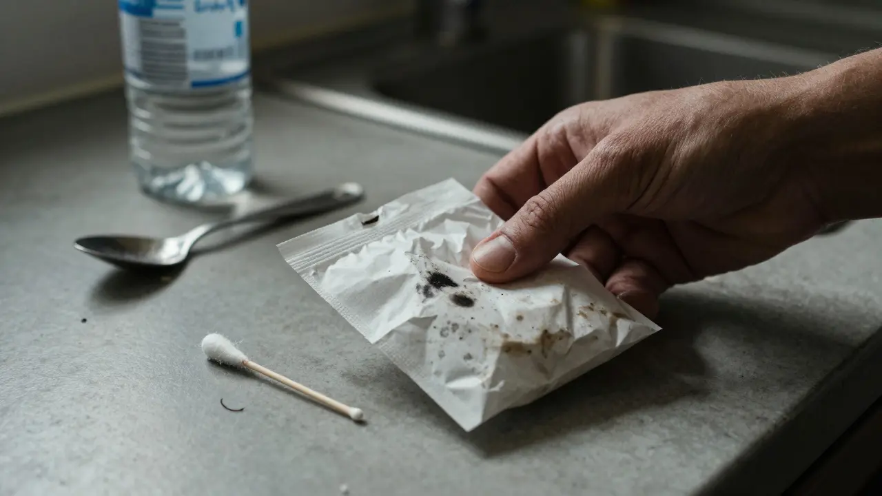 Ruka drží použitý papírový balíček a vata, známky užívání drog.