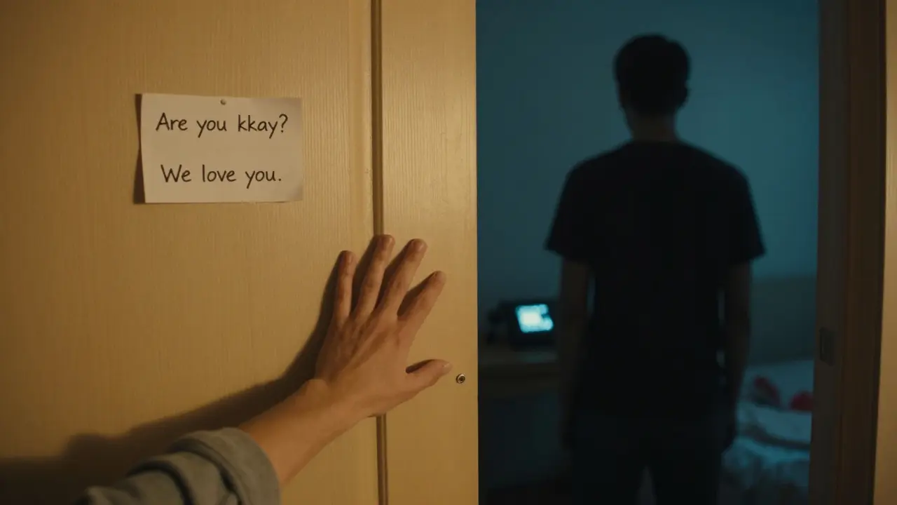 Ruka se dotýká zavřené dveře, zatímco uvnitř se postava obrací zády, oddělení láskou a nemocí.