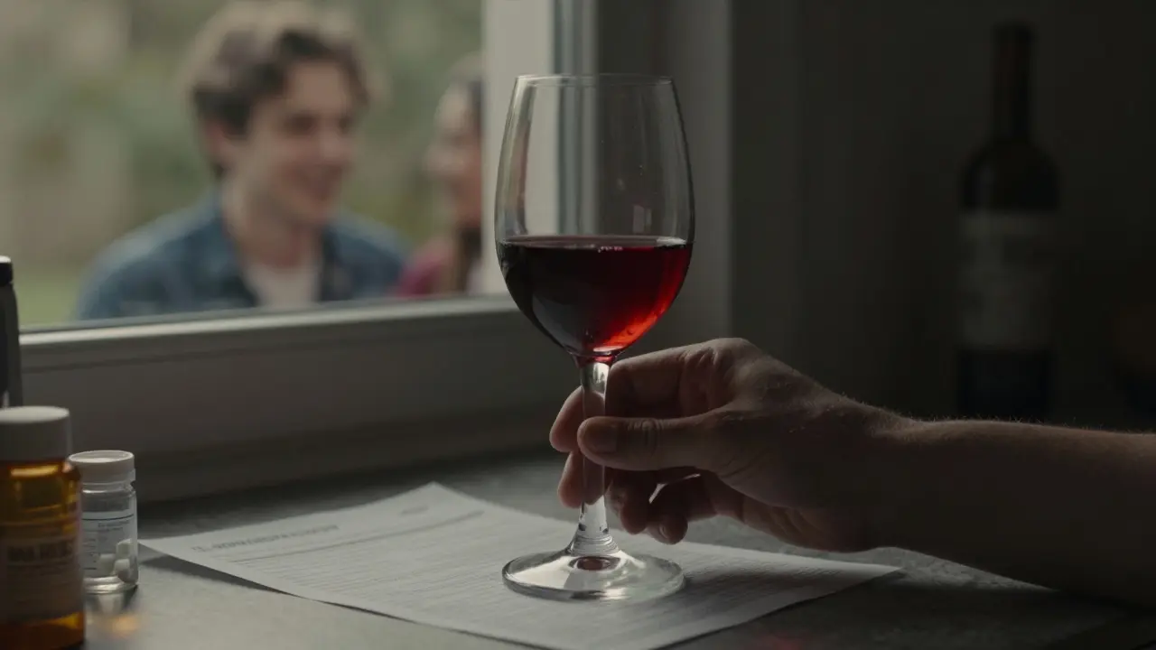 Ruka táhne po sklenici vína v šeru, v zrcadle odraz mladší verze sebe, na stole lékařský výsledek.