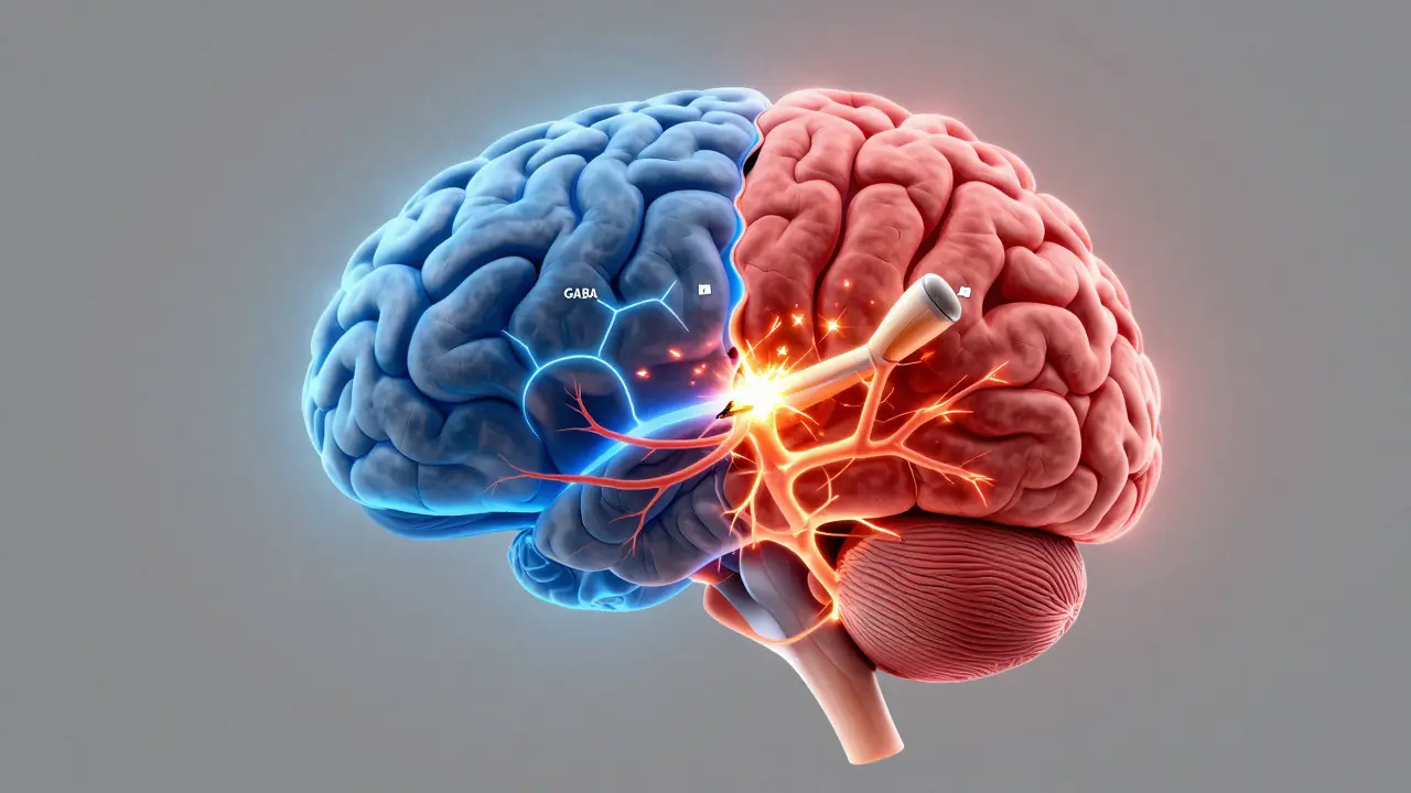 Schematic znázornění mozku s protichůdnými chemickými systémy GABA a glutamat při abstinenční reakci.