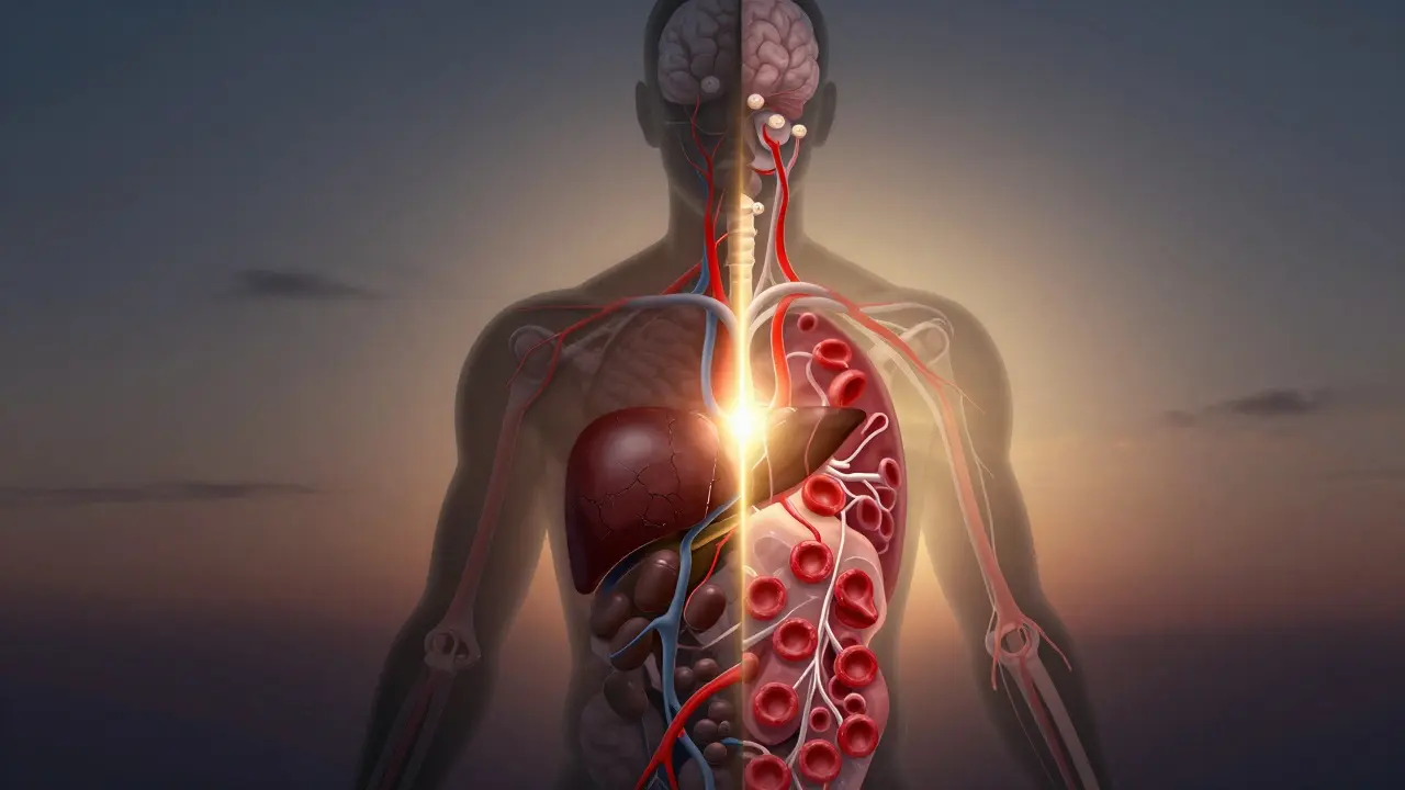 Silueta lidského těla s porušenými a obnovujícími se vnitřními orgány, symbolizující léčbu po zhulení.