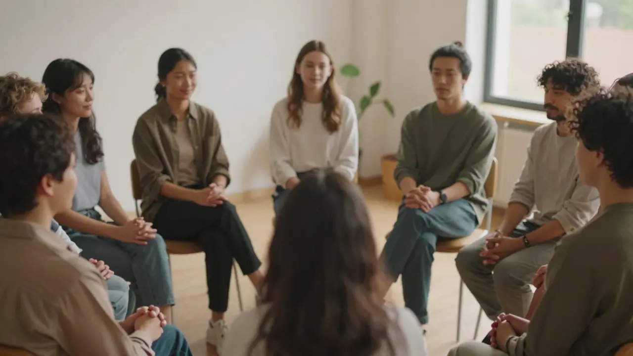 Skupina lidí v kruhu s podporujícími gesty