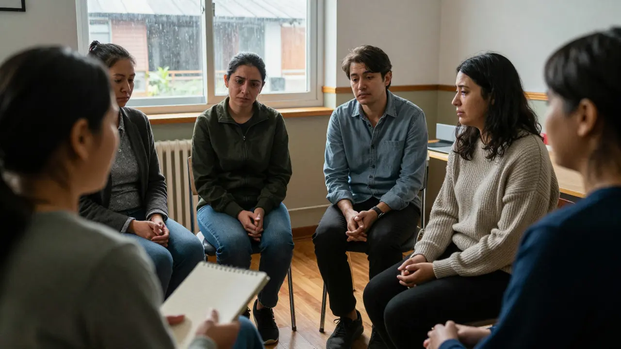 Skupina podpory se sešla v místnosti, lidé sedí v kruhu, vystupuje spojení a emoce bez slov.