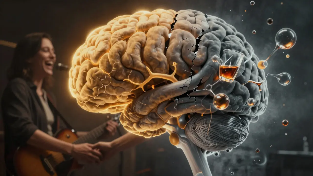Surreální obraz lidského mozku s jednou polovinou v teplých tónech radosti a druhou v chladných tónech alkoholu a smutku.