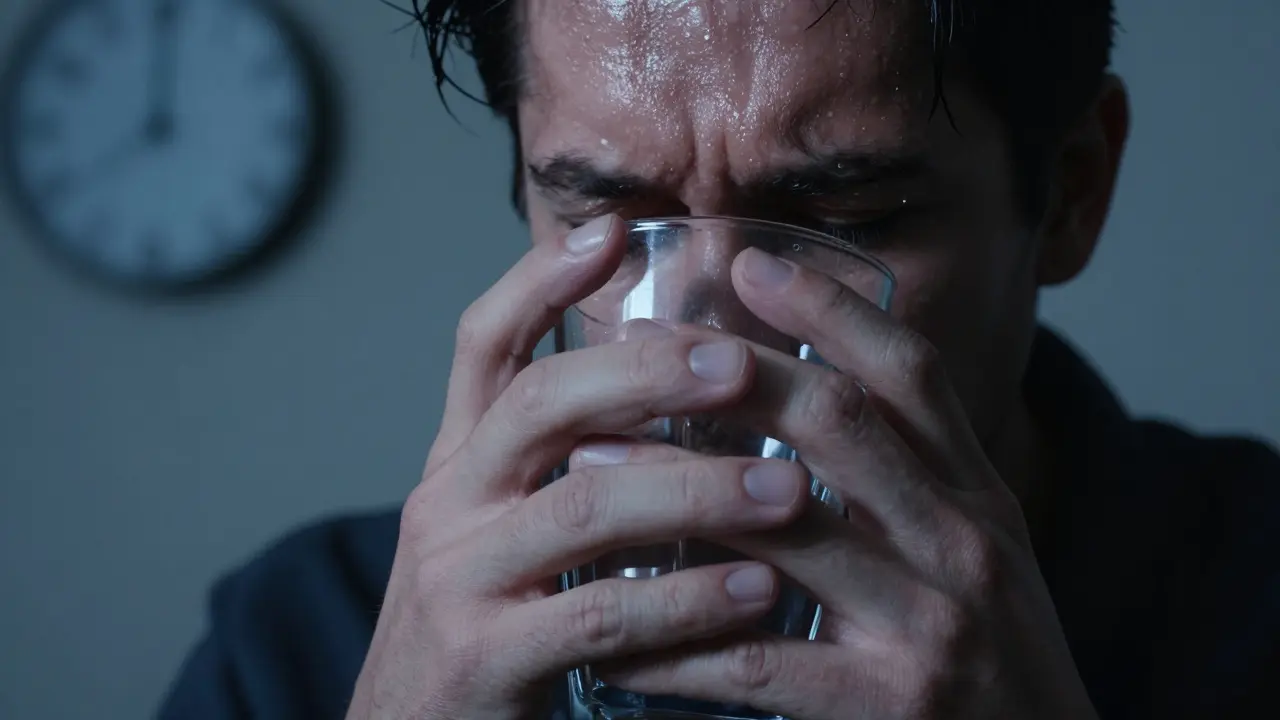 Třesoucí se ruce drží prázdnou sklenici s potem