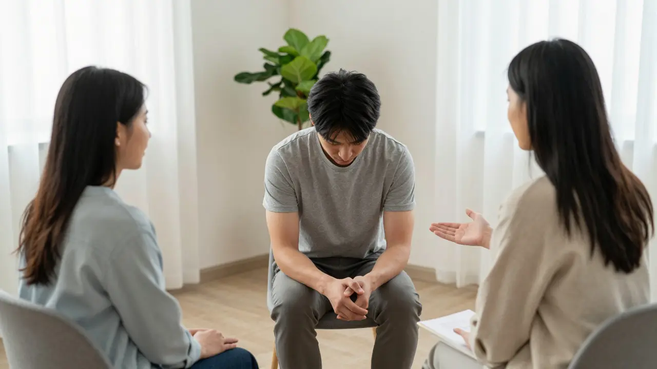 Tři lidé v terapeutické sezení, klidná a podporující atmosféra.