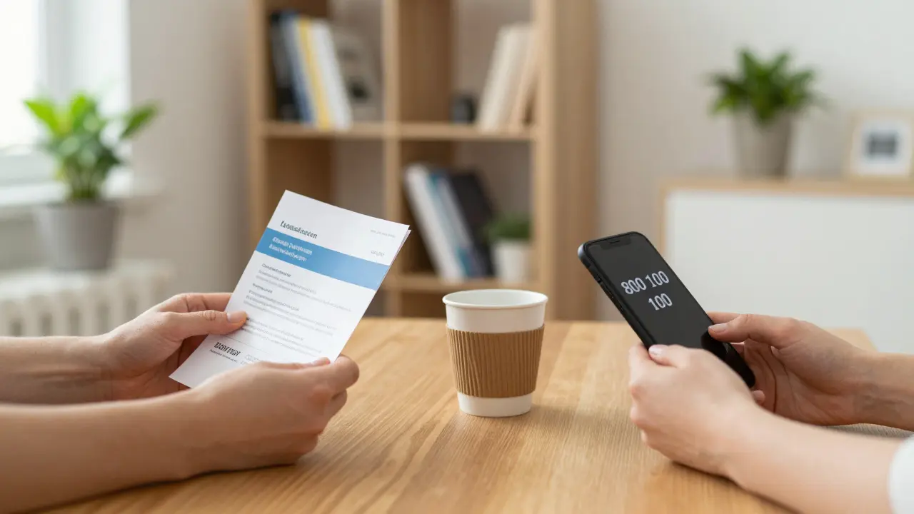 Tři ruce se dotýkají na stole v terapeutickém prostředí, na stole poznámky, káva a telefon s číslem alkoholické linky.