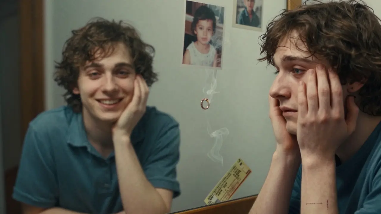 Zrcadlo ukazuje dvě verze člověka: dřívější živoucí a dnešní zchátralou, mezi nimi zanikající vzpomínky.