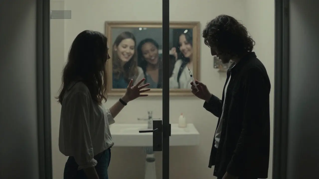 Dva lidé naopak od sebe, jeden drží injekci, druhý táhne k němu ruku — skleněná dveře mezi nimi symbolizují rozpad vztahu.