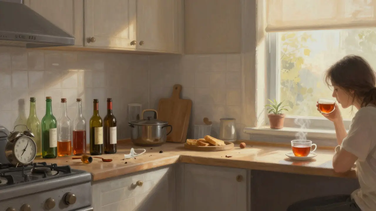 Dvě části stejné místnosti: levá strana je špatně udržovaná s alkoholovými láhvemi, pravá strana je čistá a osvětlená sluncem, symbolizující obnovu.