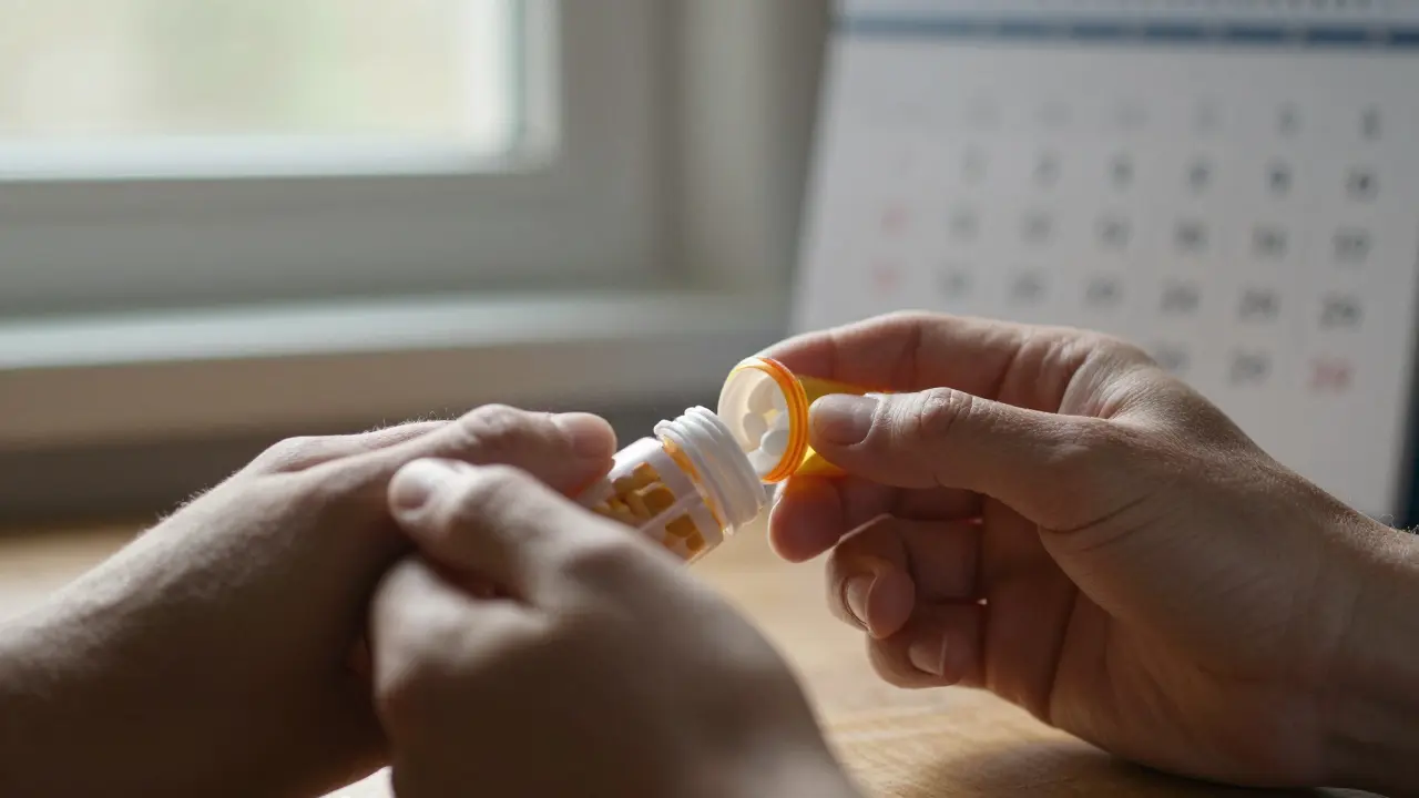 Dvě ruce: jedna se snaží vzít lék, druhá ho zadržuje.