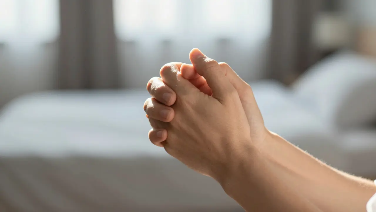 Dvě ruce se drží za ruce v klidné místnosti při ranním světle.