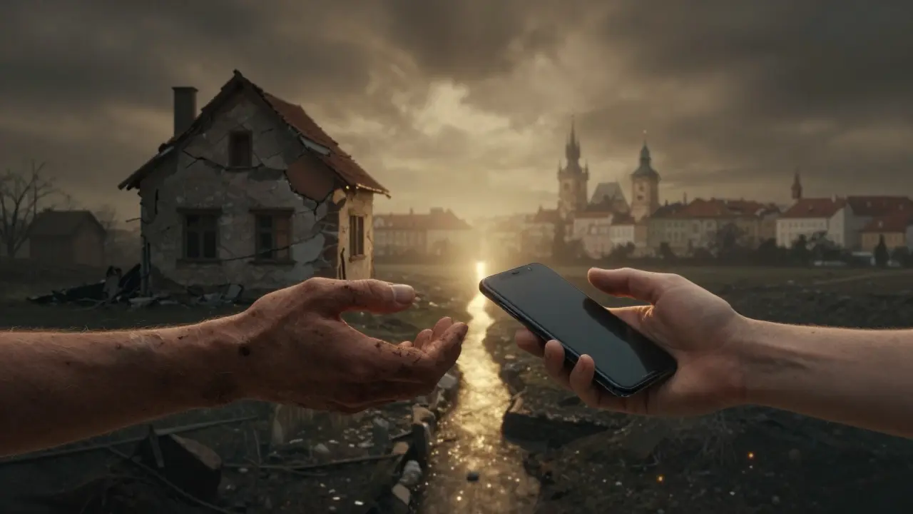 Dvě ruce se přibližují—jedna zničená, druhá nabízející telefon—za nimi tmavý rozpad domova a světlo naděje.