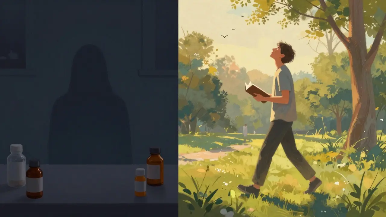 Dvě scény: osamělý člověk v temnotě a stejný člověk v slunci při procházce.