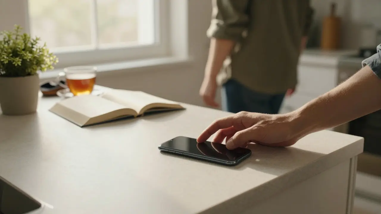 Hand leaving phone on counter as person walks toward window with book and tea.