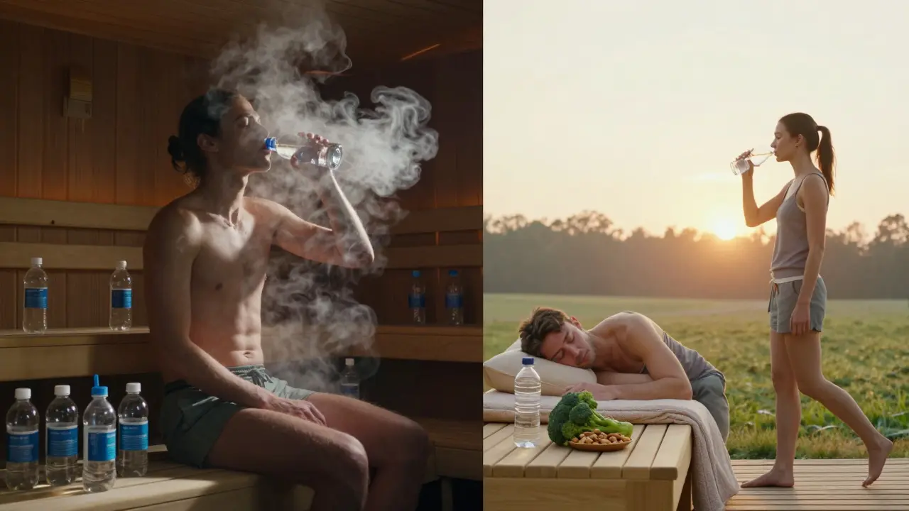 Kontrast mezi nebezpečnými detox metodami a zdravým životním stylem s jídlem, spánkem a pohybem.