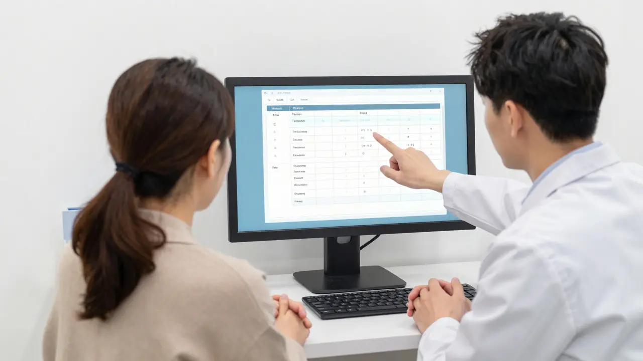 Lékař ukazuje pacientovi výsledky krevních testů s vysokými hodnotami jaterních enzymů v klinickém prostředí.