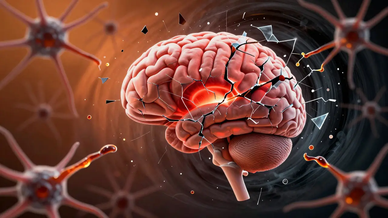 Mozek s poškozeným hipokampem a černými dírami, kde se přerušují nervové signály.