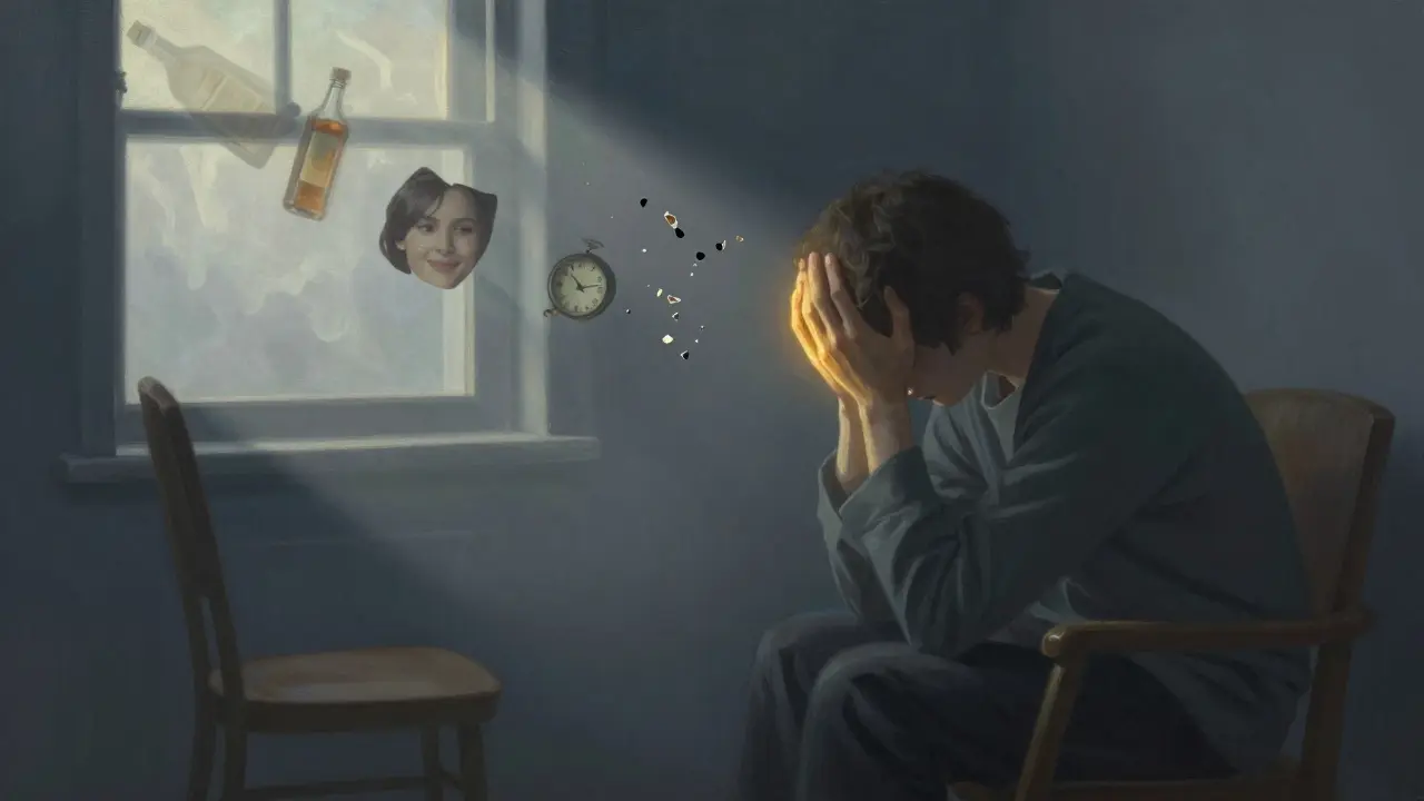 Osamělá osoba v tiché místnosti v ranních hodinách, kolem ní plavou fragmenty vzpomínek a alkoholové láhve.