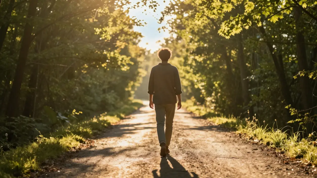 Osamělá postava na lesní cestě při východu slunce symbolizující nové začátky