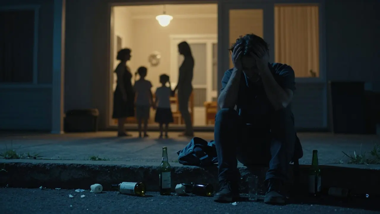 Osamělý člověk na ulici s těnami rodiny, znázorňující sociální izolaci způsobenou závislostí.