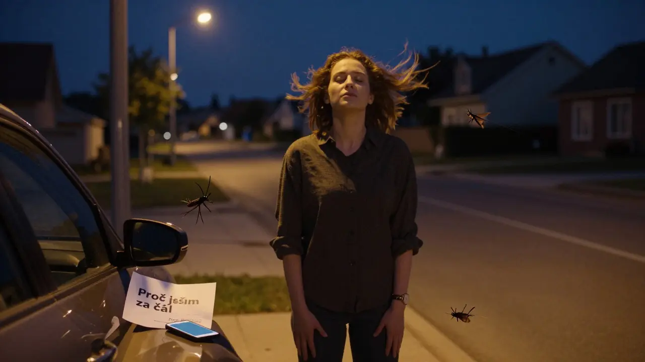 Osoba dýchá hluboce u auta v noci, drží papír s důvodem, proč začala s uzdravením.