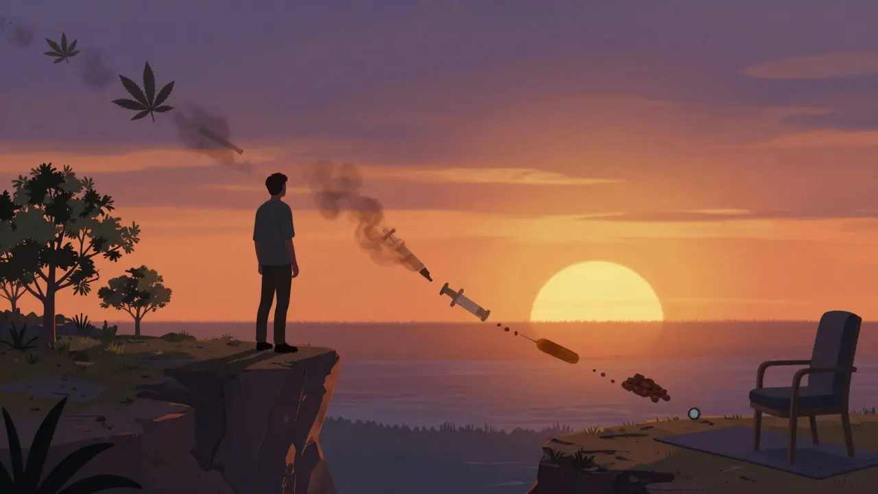 Osoba kročí směrem k novému životu, zatímco stopy drog mizí v západu slunce.