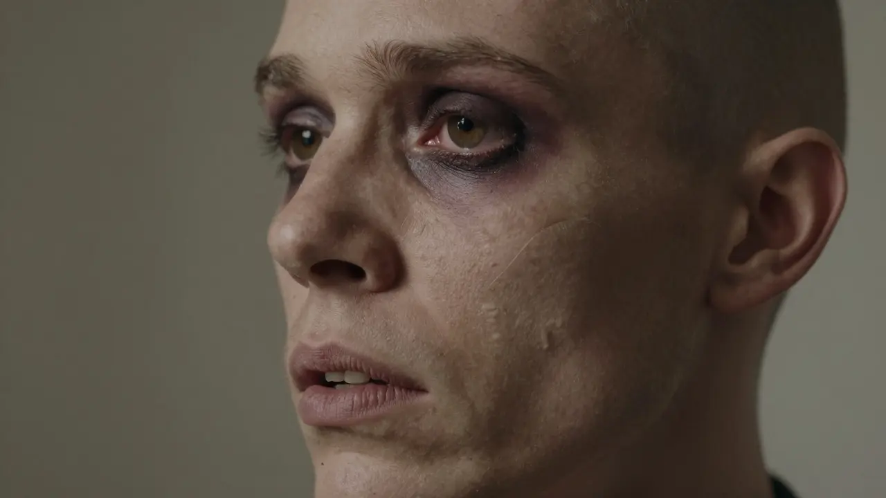 Profil obličeje s příznaky drogové závislosti: ztracené zuby, vpadlé lícní kosti a tmavé kruhy pod očima.