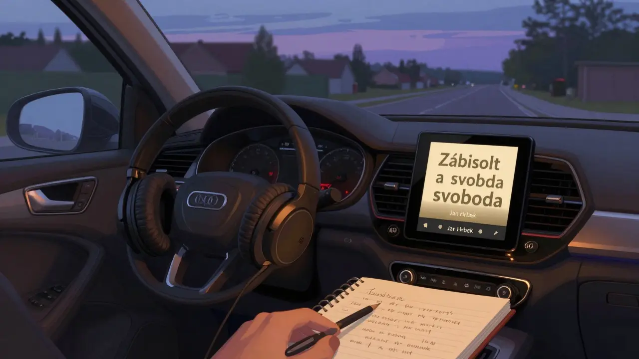 Řidič poslouchá audioknihu o uzdravení, venku je soumrak, v autě klidné osvětlení.