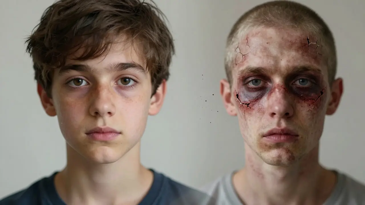 Rozdělená tvář: jedna strana zdravá, druhá poškozená drogami, symbolizující ztrátu a možnost obnovy.