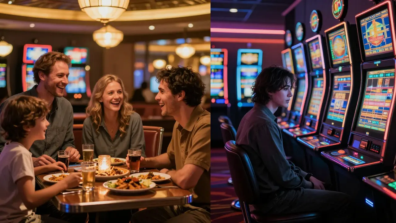 Rozdělený obrázek: rodina ve světlé místnosti vs. stejný člověk sám v kasínu s blikajícími automaty.